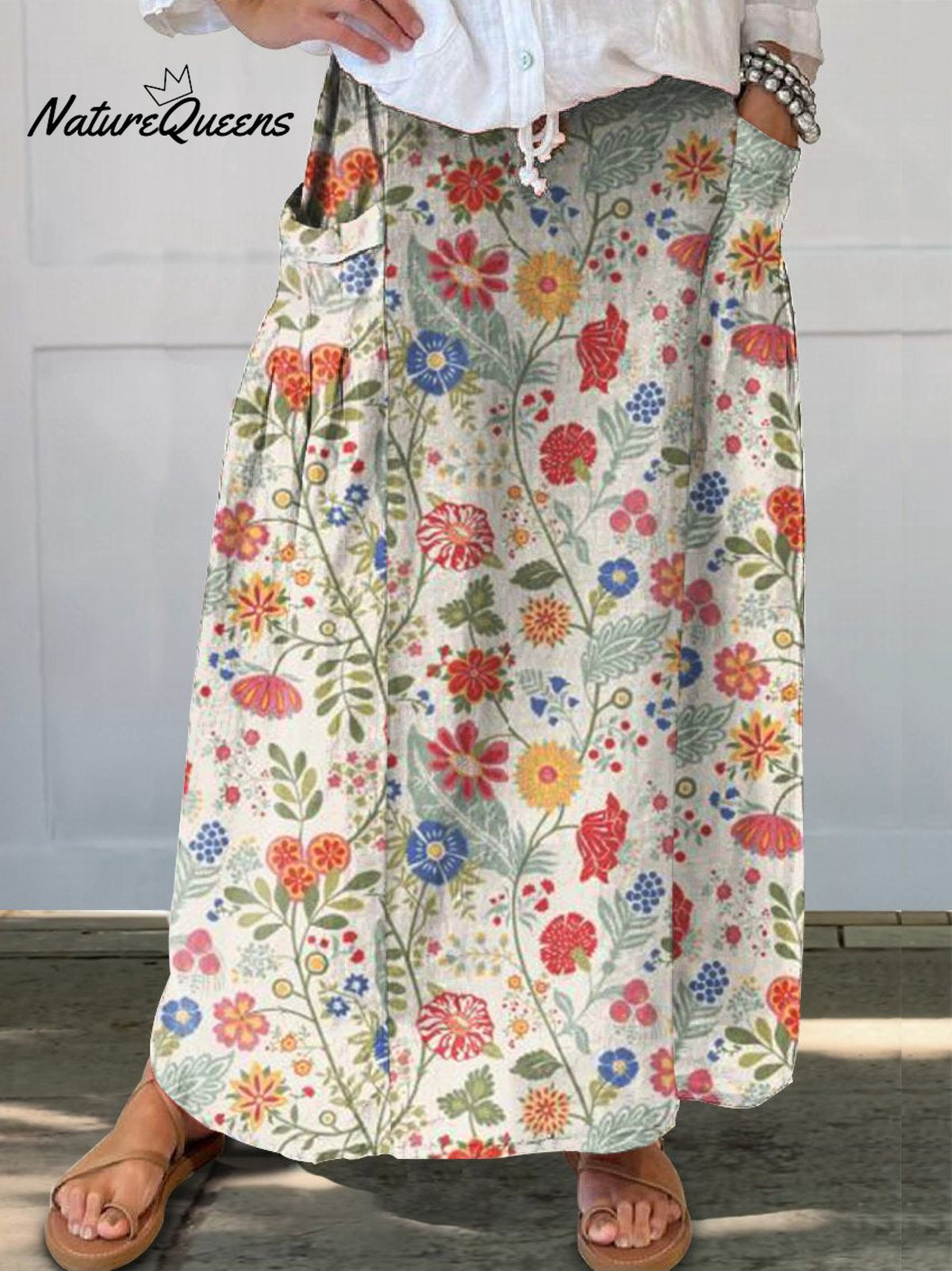 Women’s Floral Print Linen Elastic Waistband Pocket Skirt / S