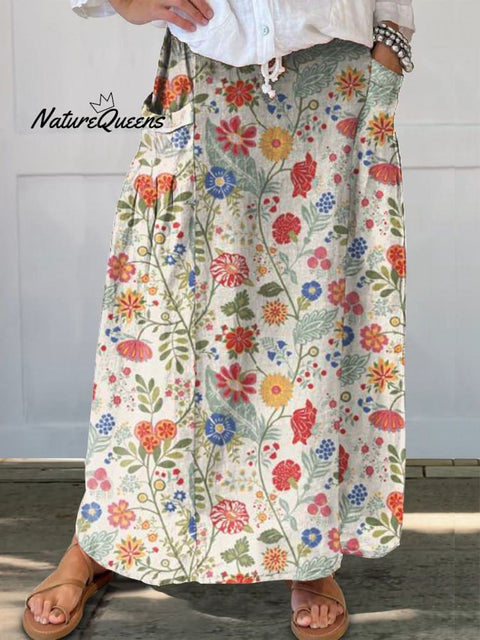 Women’s Floral Print Linen Elastic Waistband Pocket Skirt / S
