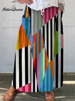 Women's Black Stripes Colorful Geometric Print Linen Pocket Skirt