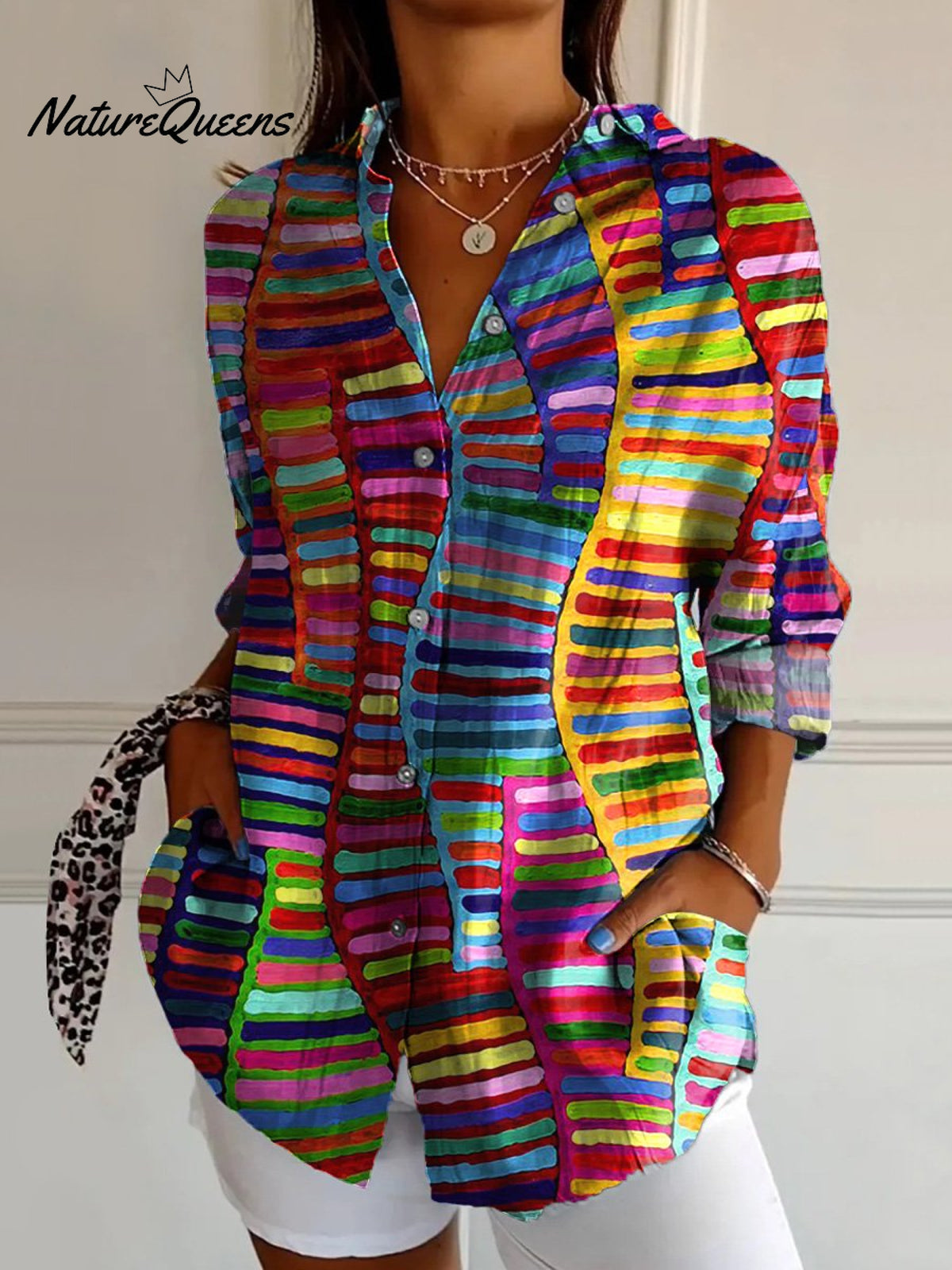 Colorful Tribe Style Pattern Printed Women's Casual Cotton Shirt