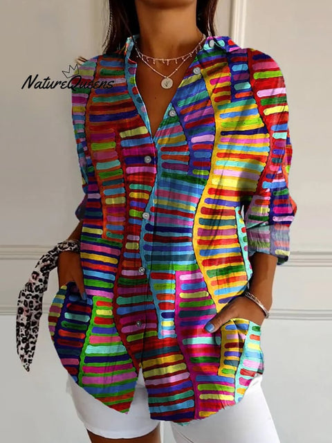 Colorful Tribe Style Pattern Printed Women's Casual Cotton Shirt