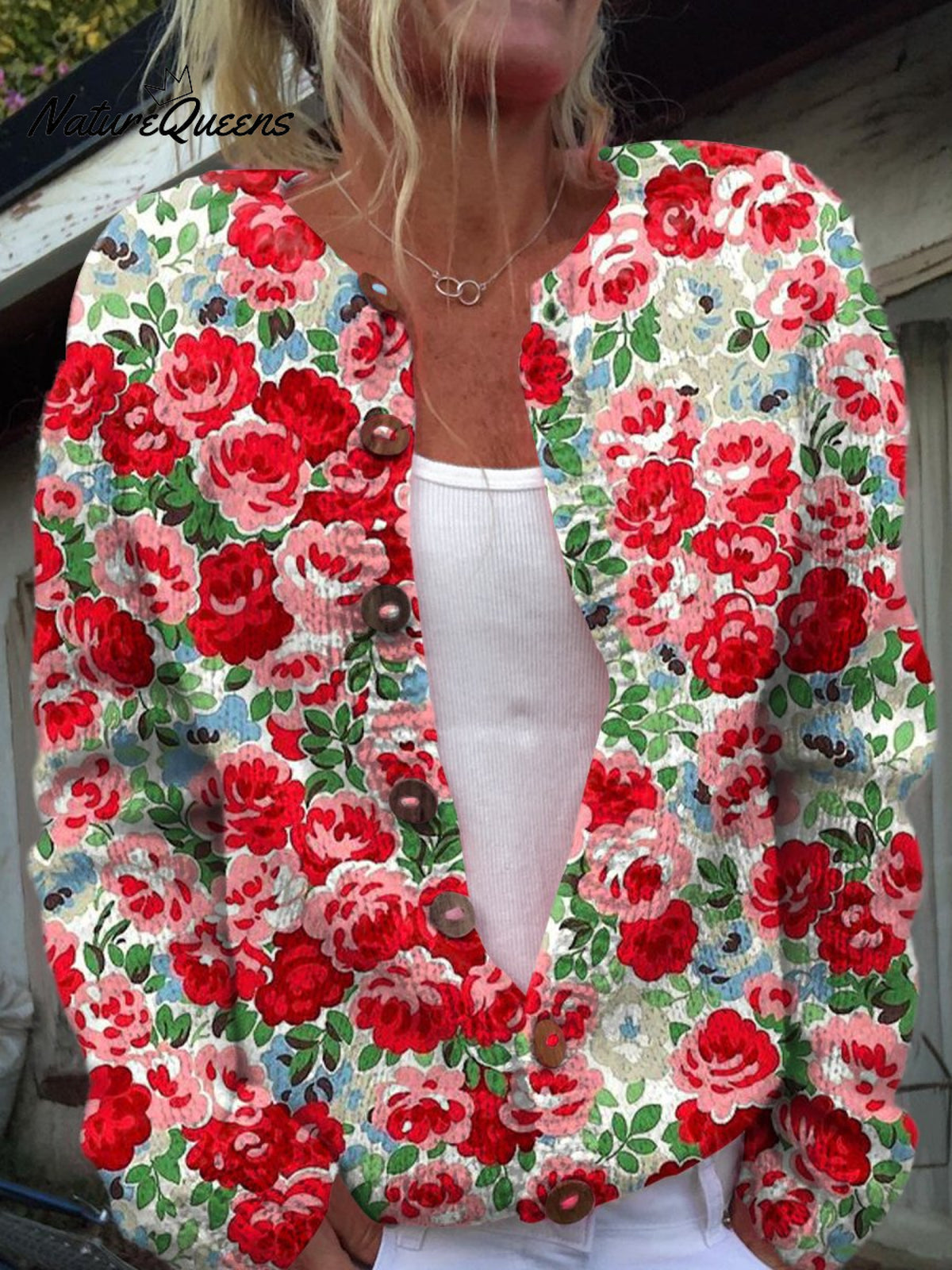 Women's Lovely Floral Art Print Buttoned Cardigan Sweater