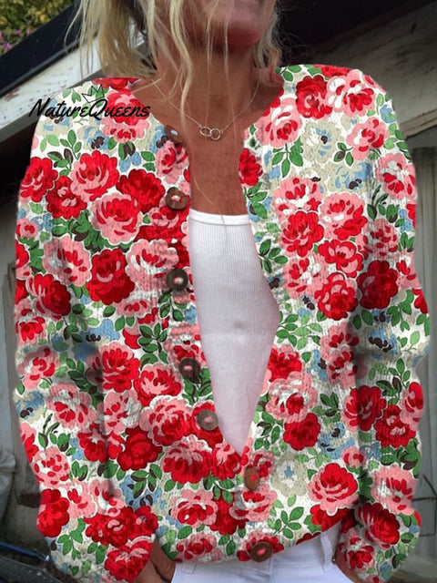 Women's Lovely Floral Art Print Buttoned Cardigan Sweater
