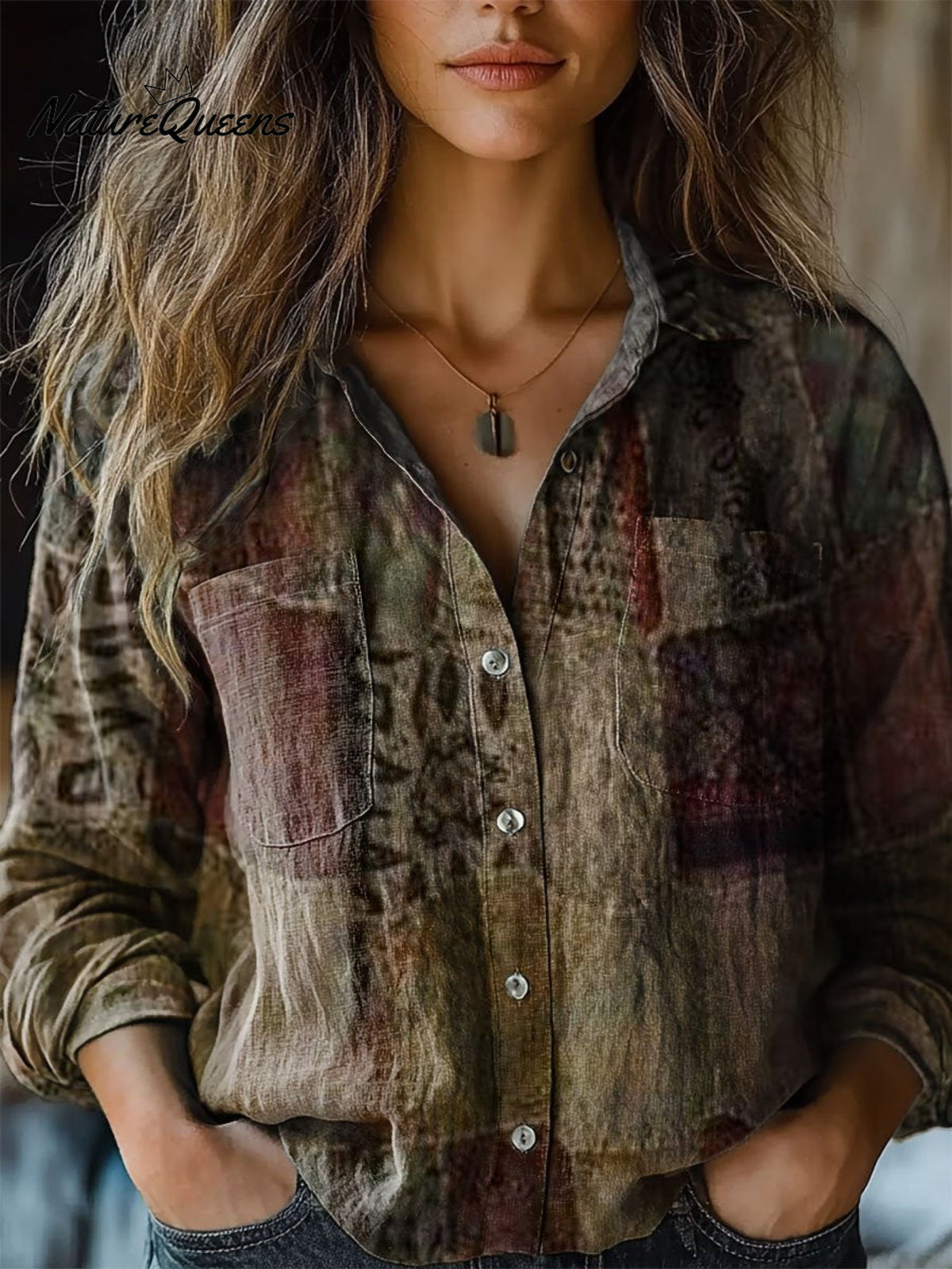 Women's Retro Patchwork Art Print Casual Long Sleeve Comfortable Cotton Shirt