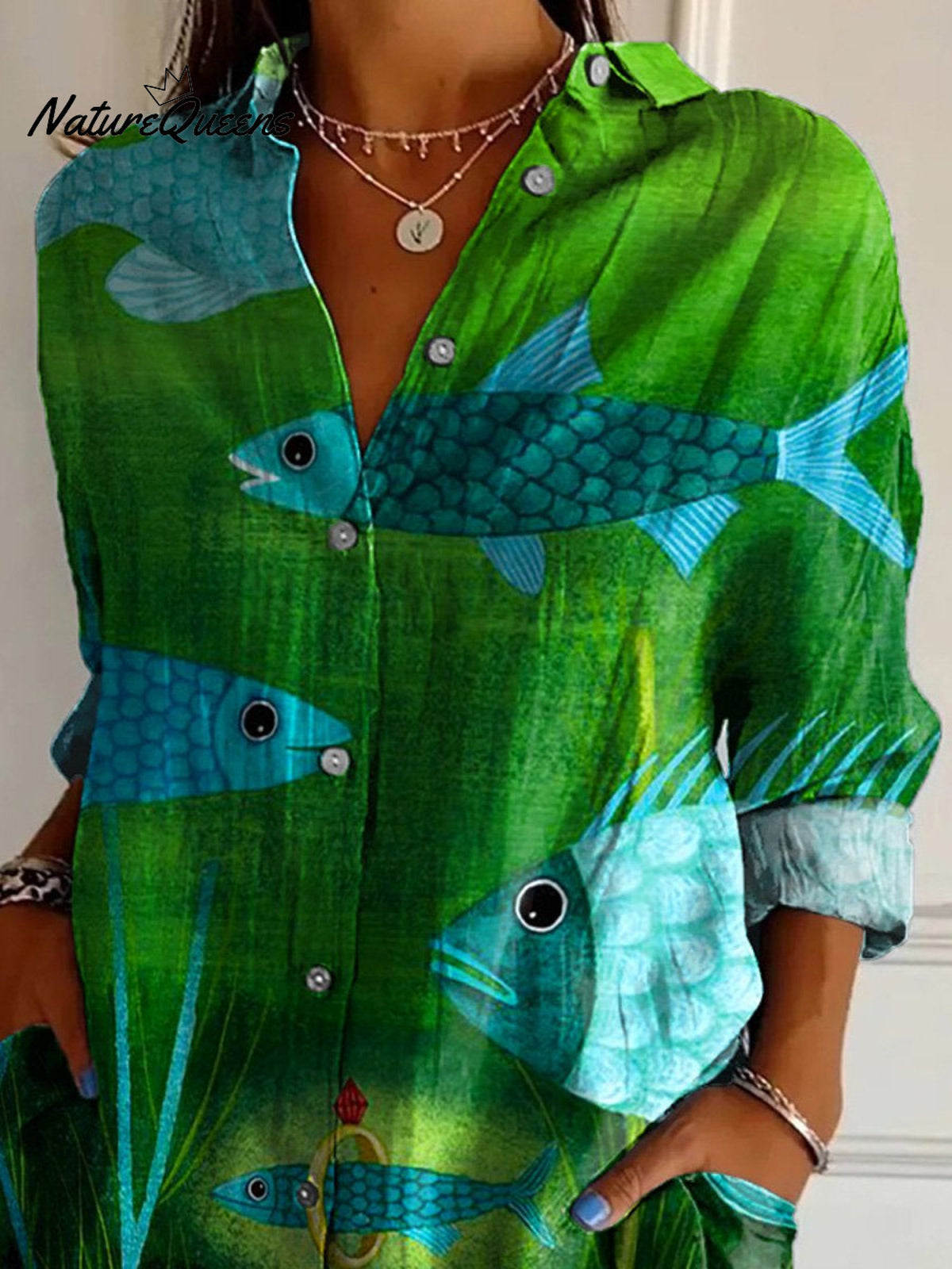 Pond Fish And Hidden Gem Art Printed Women's Casual Cotton Shirt