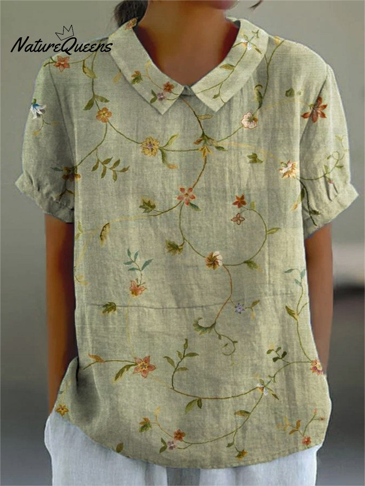 Women’s Retro Floral Art Linen Elastic Waistband Pocket Skirt Shirt / S