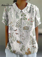 Tranquil Woodland And Animal Pattern Printed Women’s Casual Cotton Linen Shirt White / S