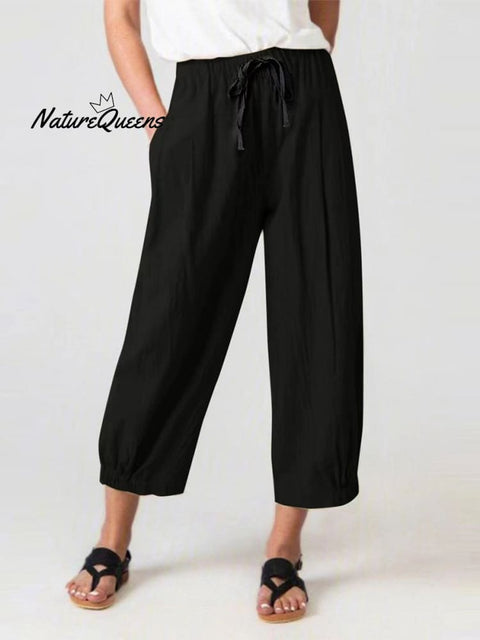 Women’s Slacks With Cotton And Linen Drawstring Pockets