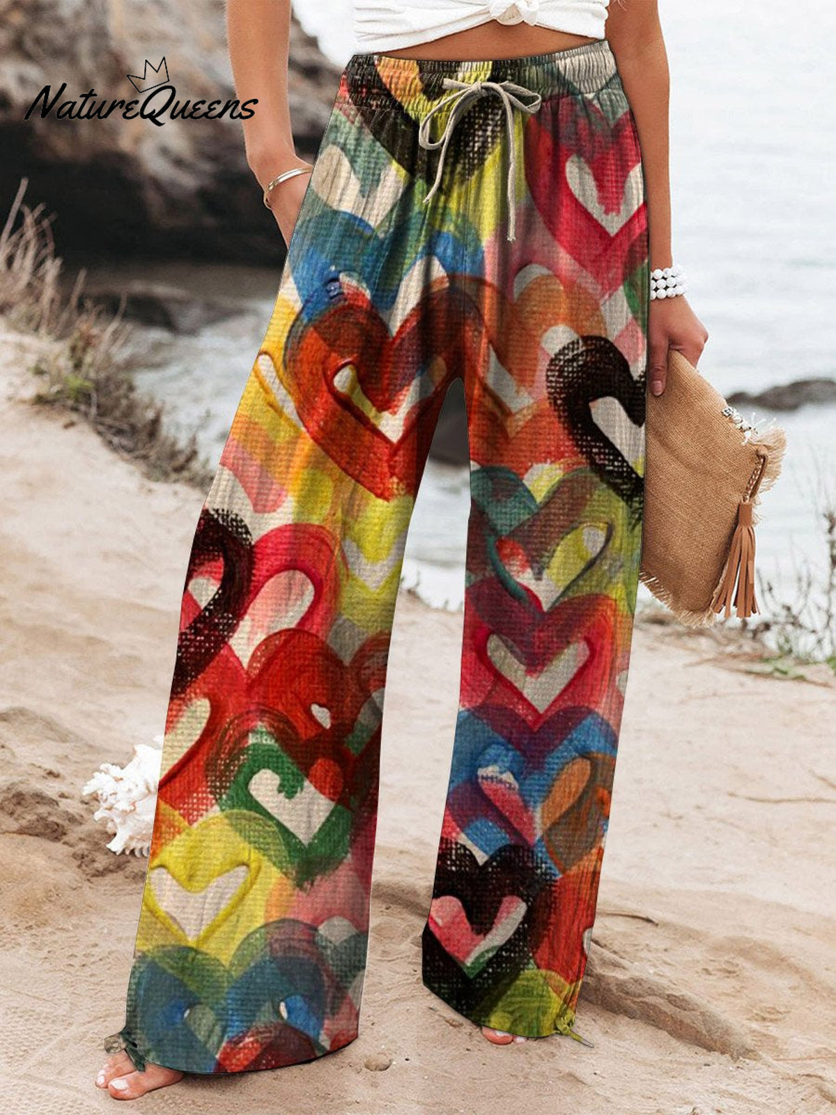 Women's Vintage Lovely Hearts Art Printed Cotton And Linen Casual Pants