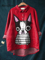 Lovely Chihuahua Dog Graphic Printed Women's Casual Cotton And Linen Shirt