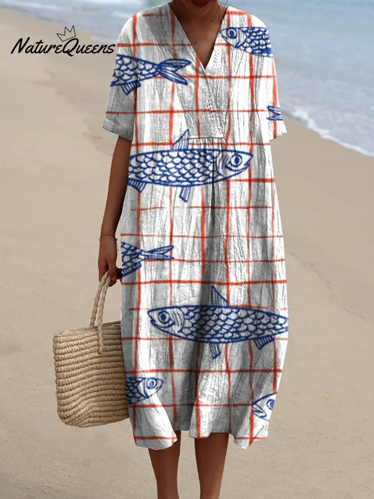 Women's Red Checkered Fish Watercolor Splash Fluid Art Print Flowy Dress