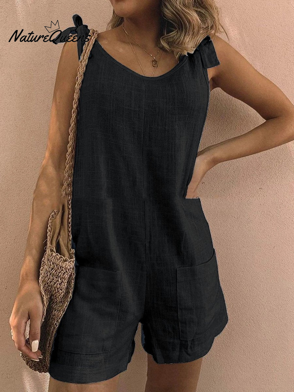 Women’s Cotton Overalls Casual Sleeveless Shorts Romper Jumpsuit Black / S