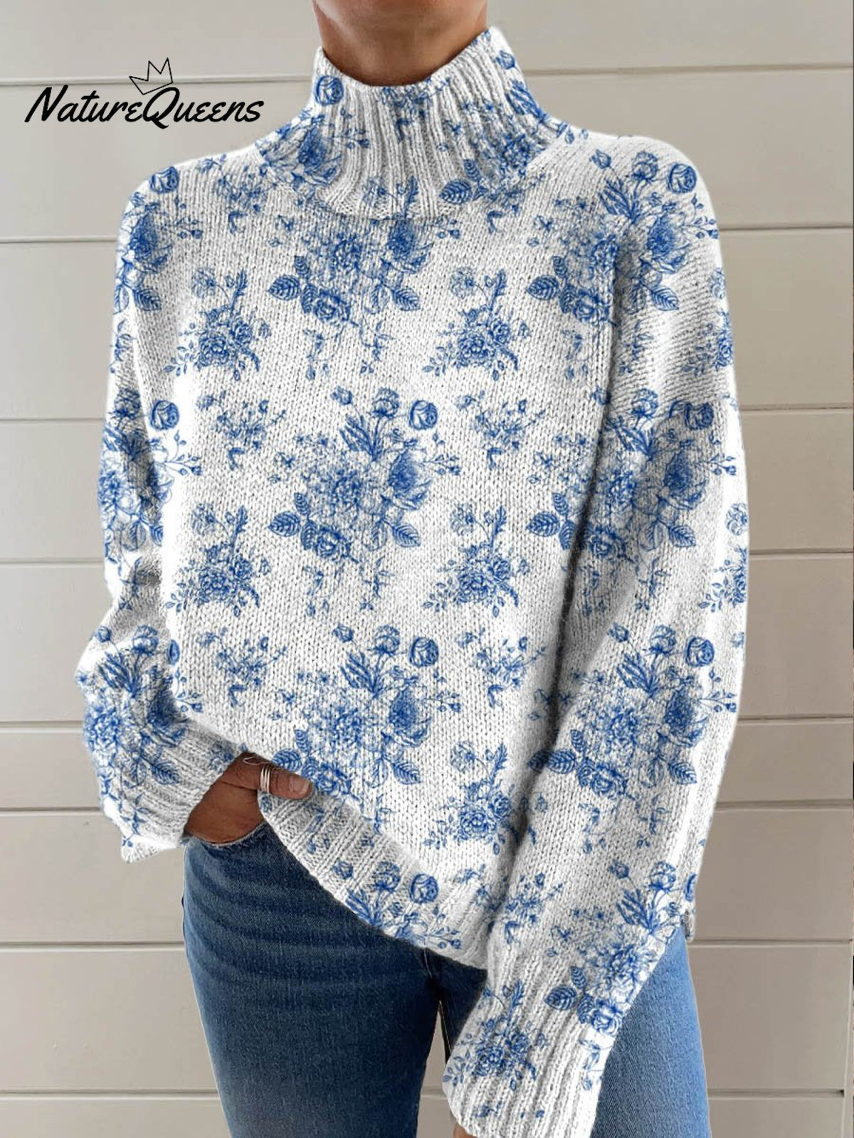 Lovely Floral Pattern Art Print Knit Turtleneck Pullover Sweater