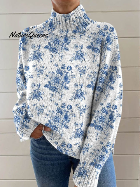 Lovely Floral Pattern Art Print Knit Turtleneck Pullover Sweater