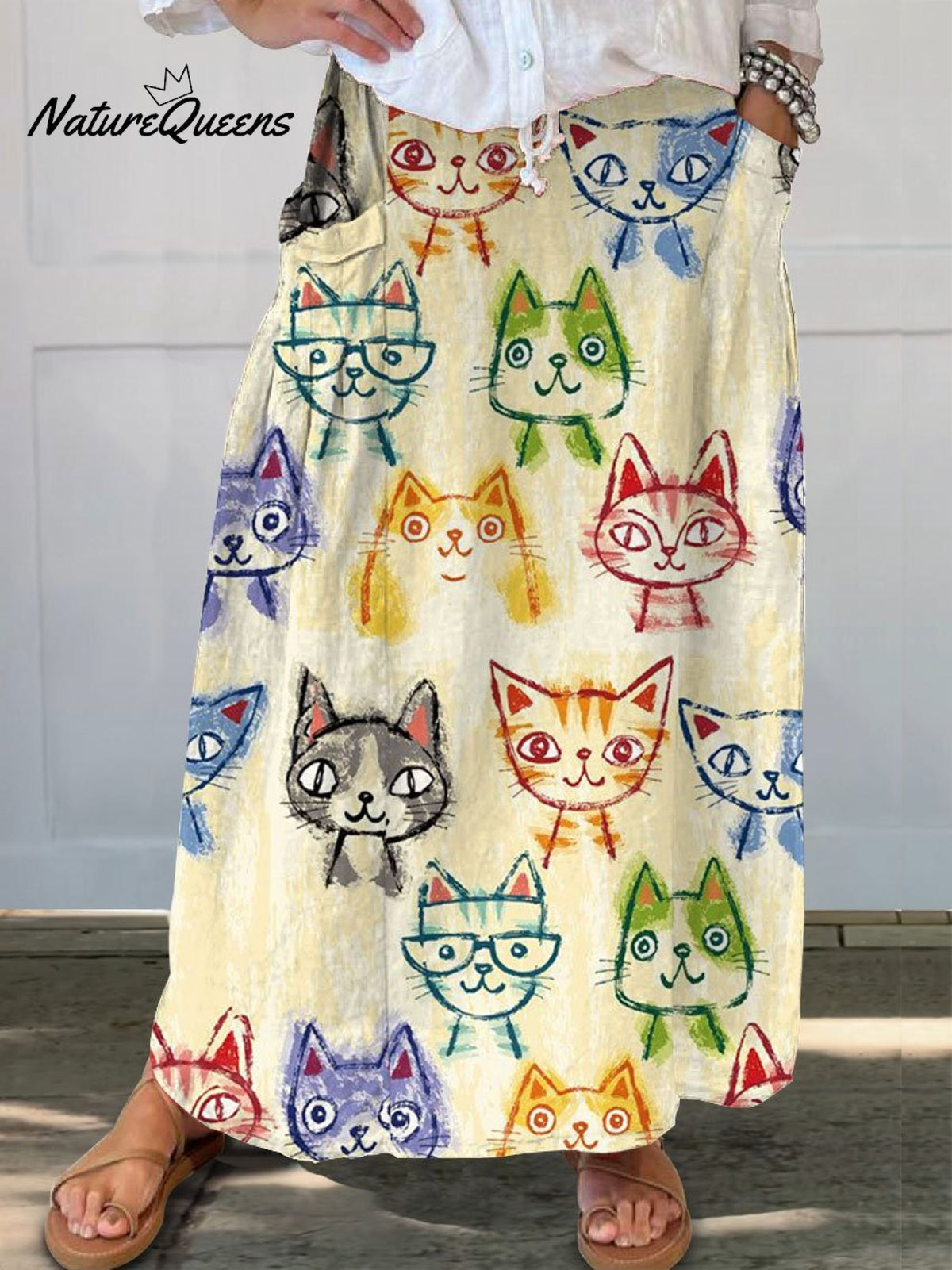 Women's Cute Cat Art Print Linen Pocket Skirt