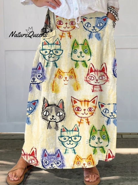 Women's Cute Cat Art Print Linen Pocket Skirt