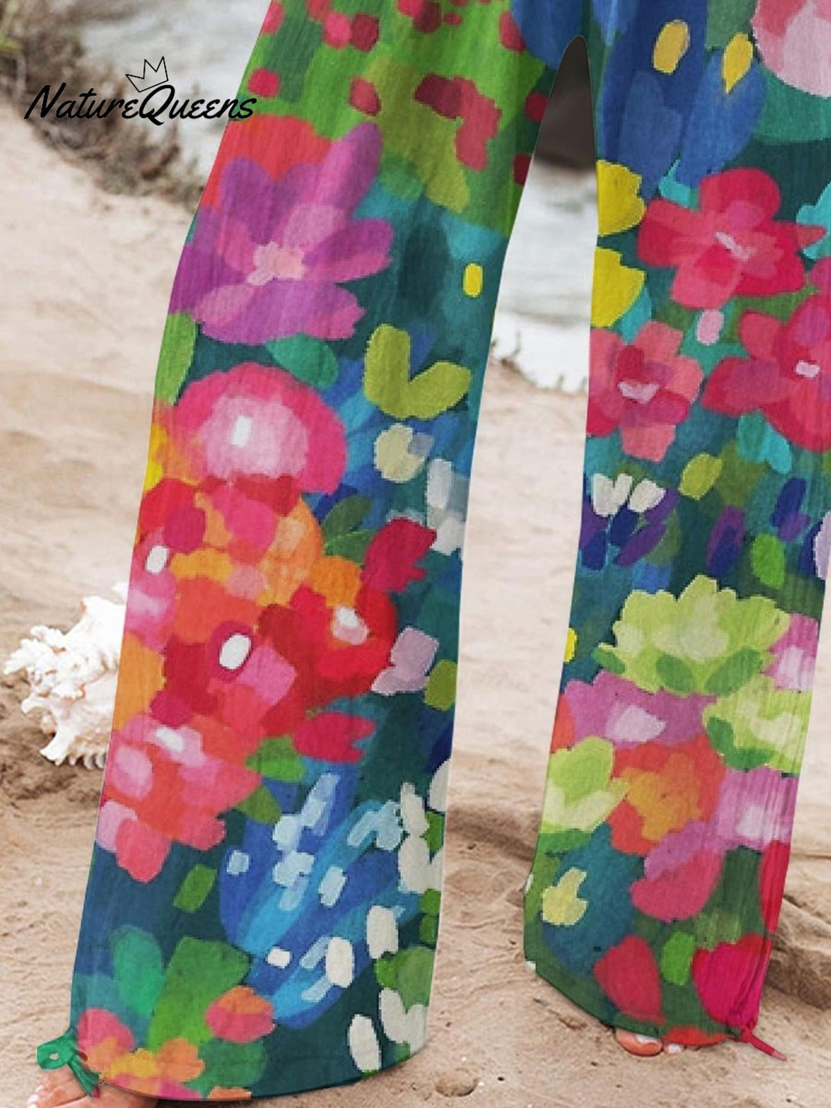 Women's Flower Printed Cotton And Linen Casual Pants