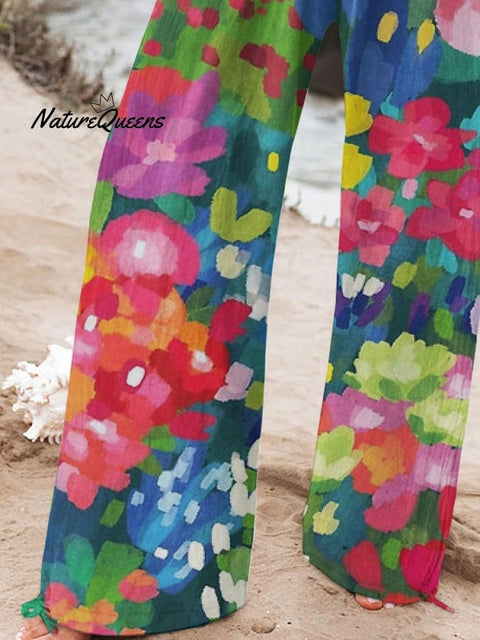 Women's Flower Printed Cotton And Linen Casual Pants