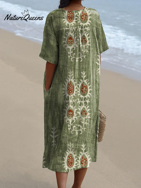 Women's Vintage Floral Ethnic Art Print Casual Flowy Dress