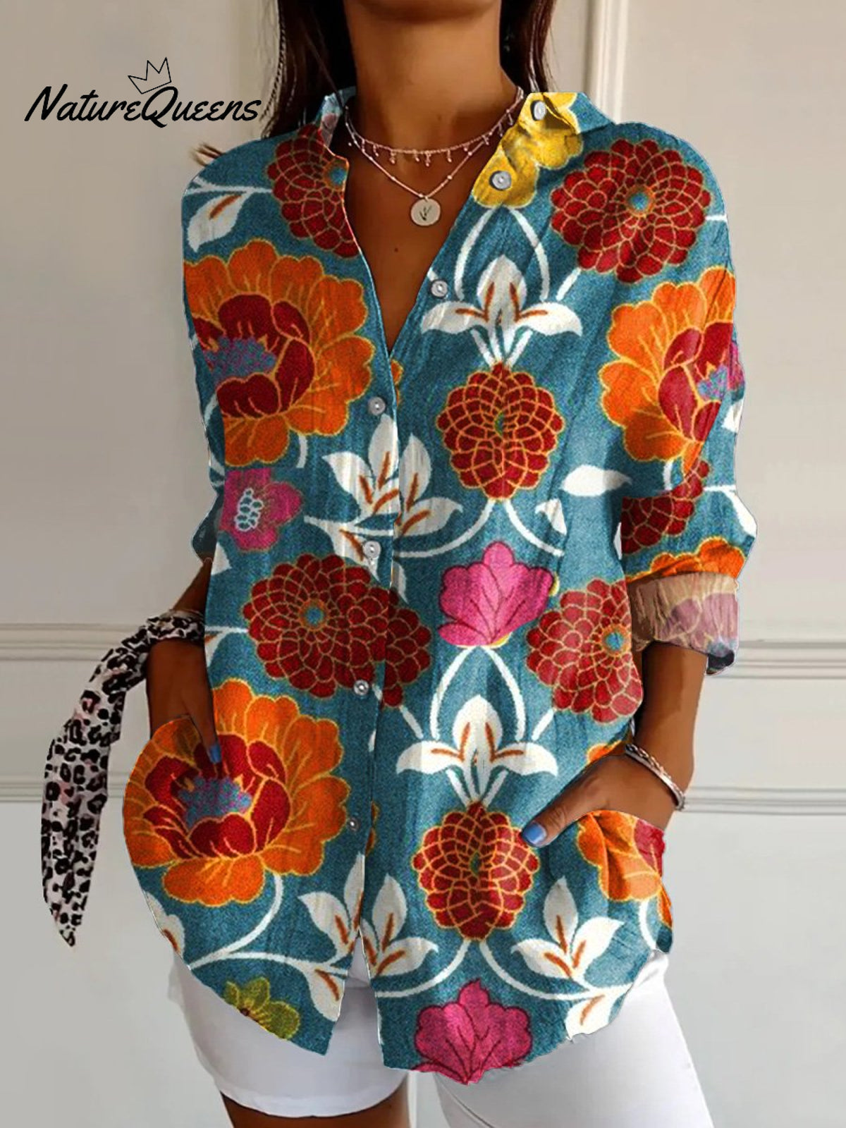 Women'sFlowerArt PrintCasual Cotton Shirt