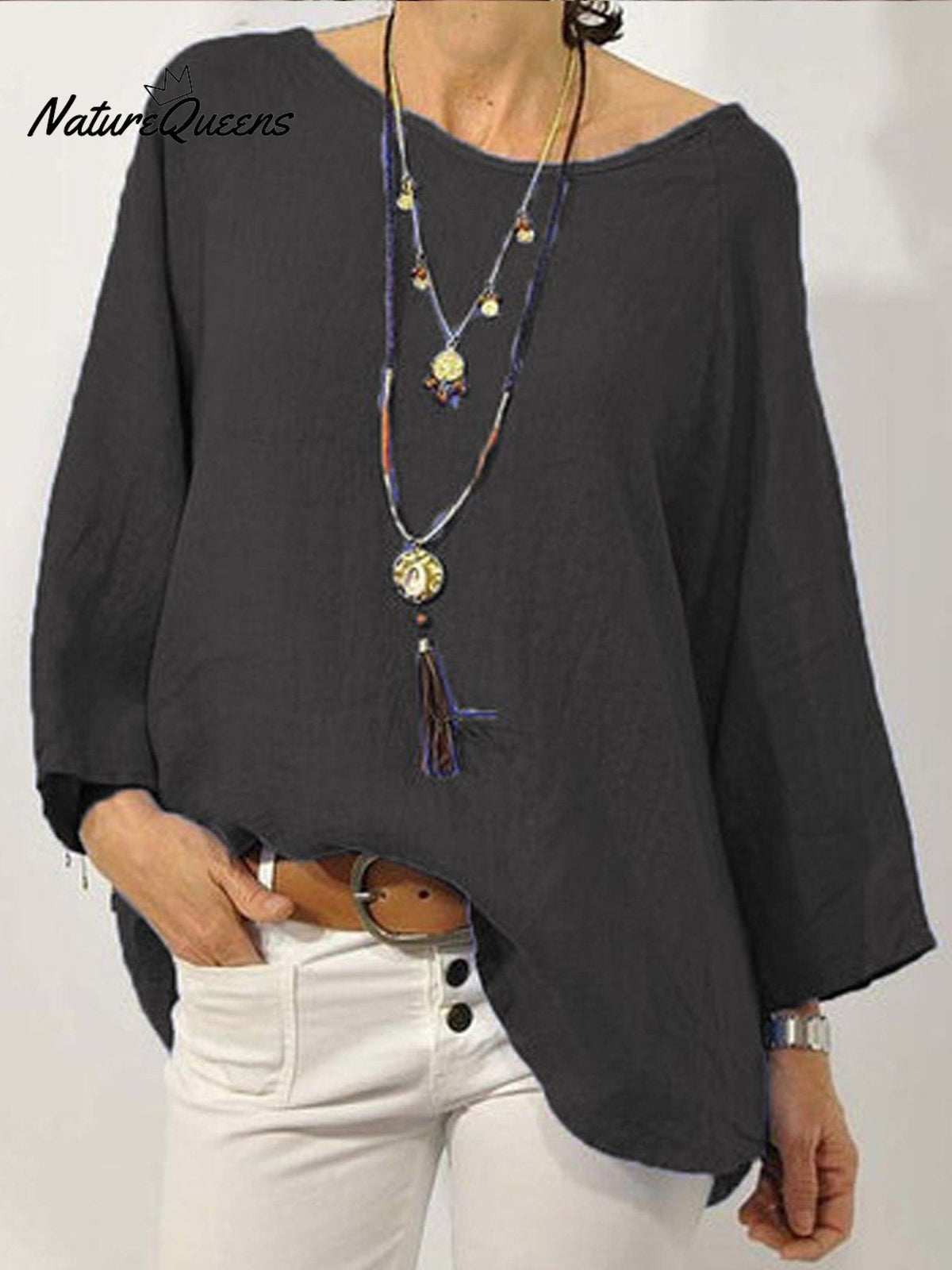 Women’s Solid Colour Cotton And Linen Round Neck Ninth Sleeve Blouse Black / S