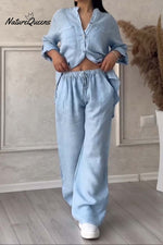 Casual solid color cotton and linen pants two-piece set