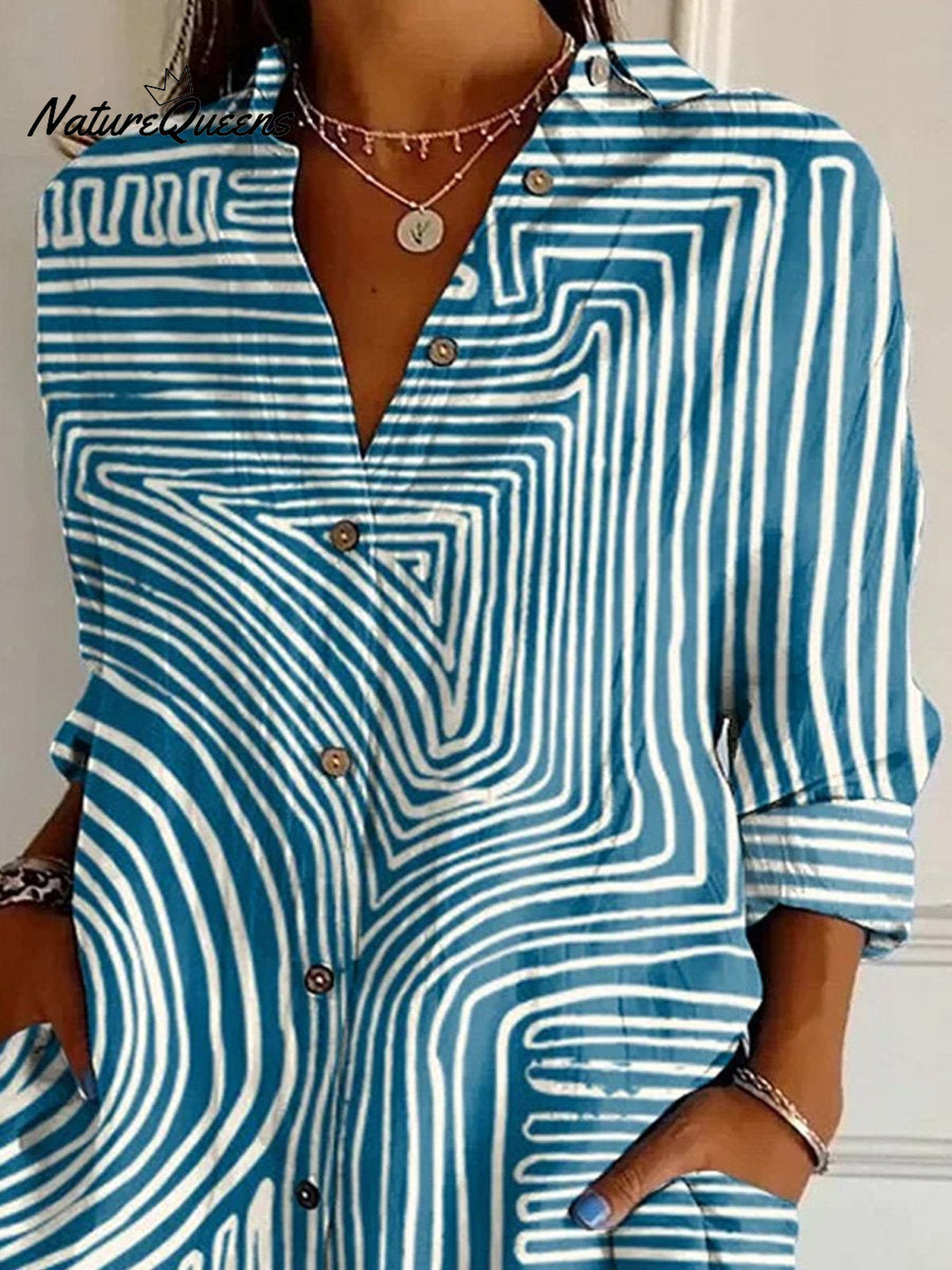 Geometric Line Pattern Printed Women's Casual Cotton Shirt