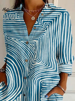 Geometric Line Pattern Printed Women's Casual Cotton Shirt