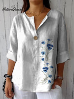 Simple Blue Spring Floral Printed Women's Casual Cotton Linen Shirt