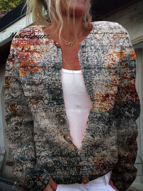 Retro Abstract Art  Print Casual Buttoned Cardigan Sweater