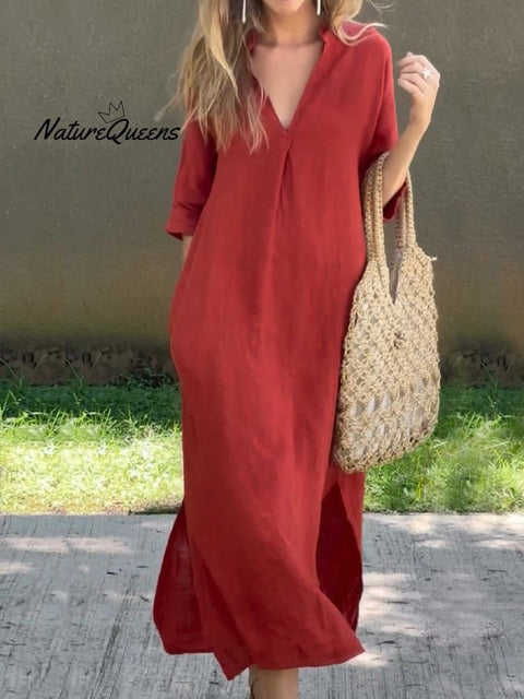 Women’s Solid Color V - Neck Linen Pocket Dress