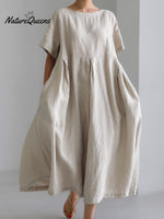 Women’s Short Sleeves Loose Cotton And Linen Dress Apricot / S