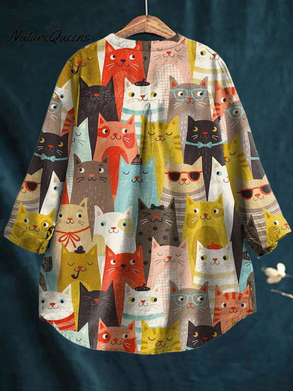 Vintage Lovely Cats Art Print Casual Cotton And Linen Shirt