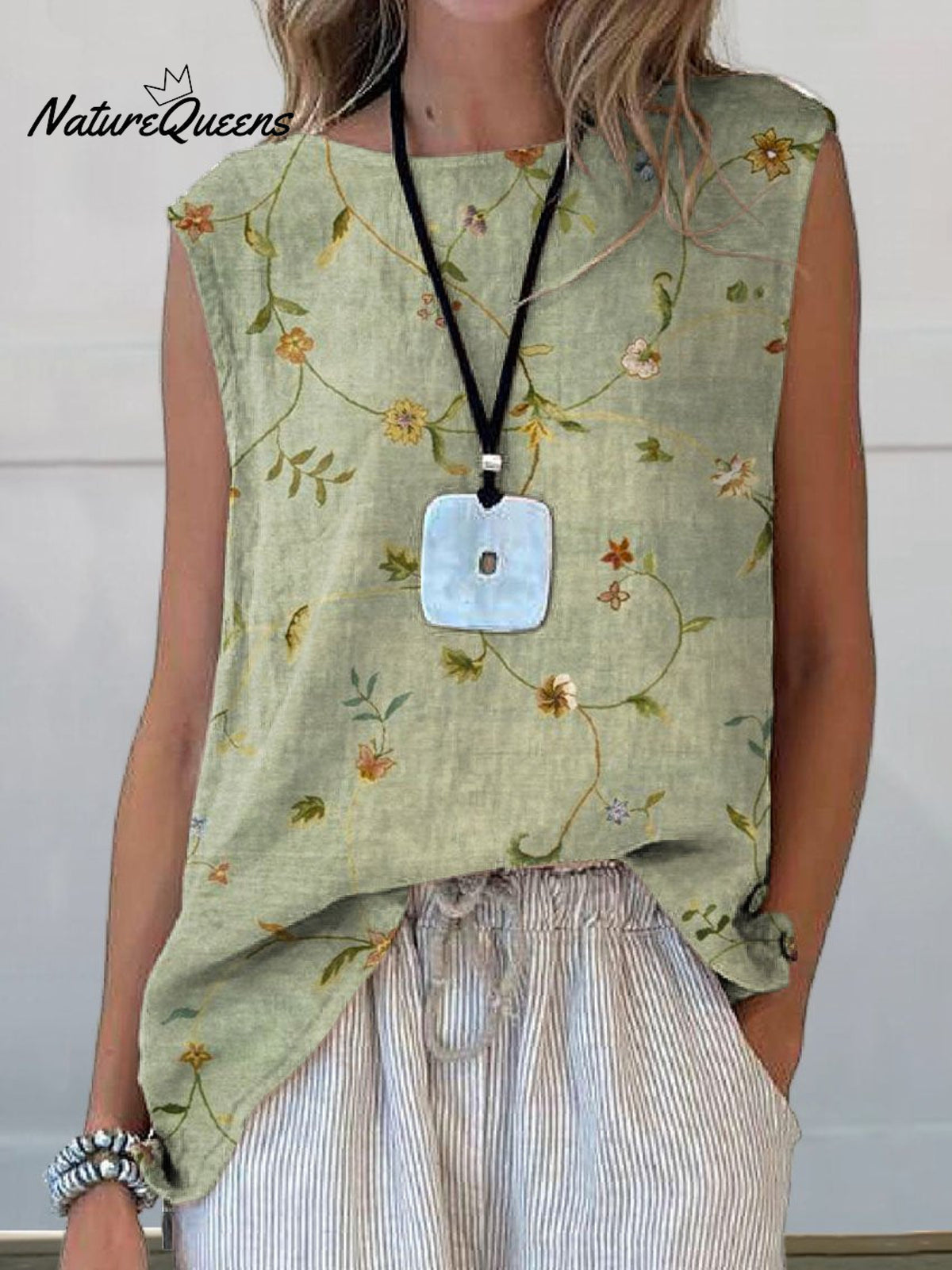 Women’s Retro Elegant Floral Art Print Casual Cotton And Linen Tank Top Green / S