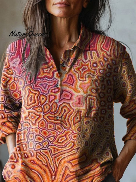 Ethnic Tribal Pattern Printed Women's Casual Cotton And Linen Shirt