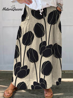 Women's Vintage Lovely Tulips Art Printed Linen Pocket Skirt