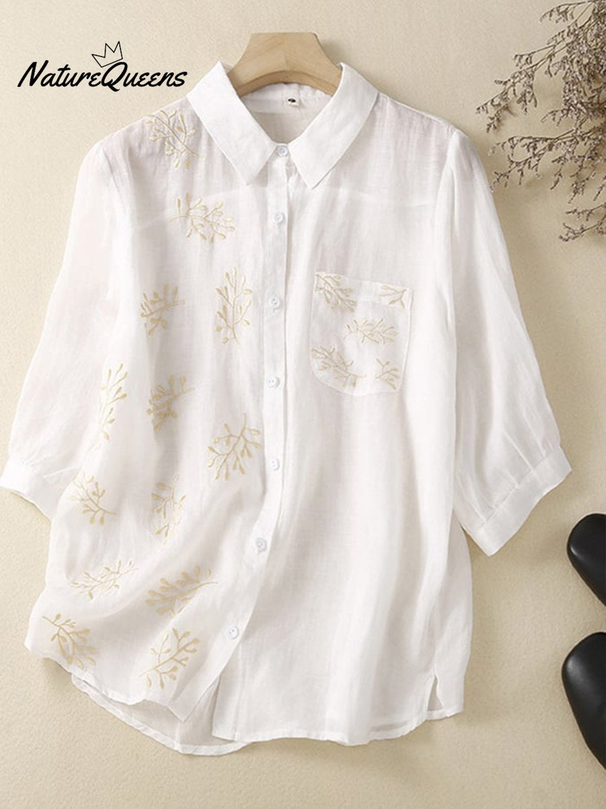 Loose Casual All-Match Embroidered Cotton Linen Shirt