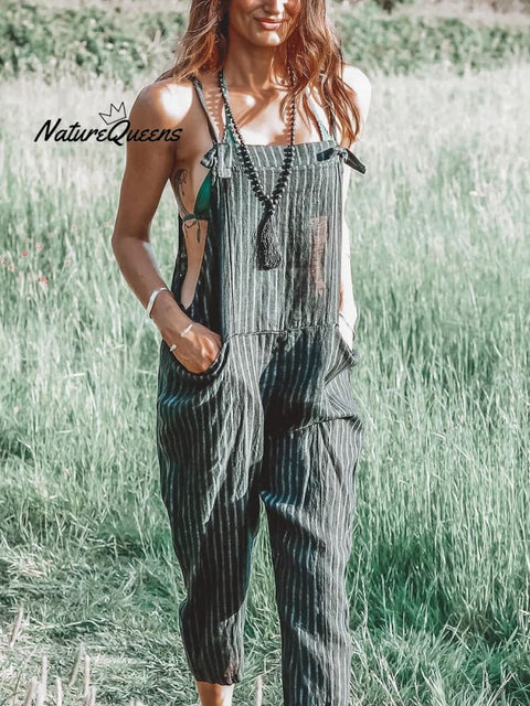 Women's Casual Cotton And Linen Stripe Pattern Printed Jumpsuit