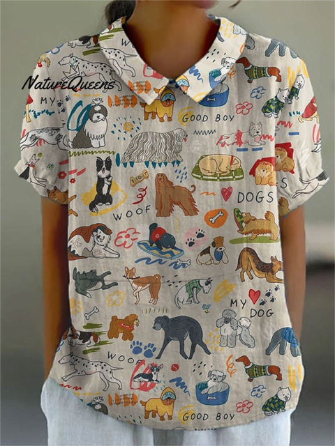 Women's Cute Dog Print Casual Cotton And Linen Shirt