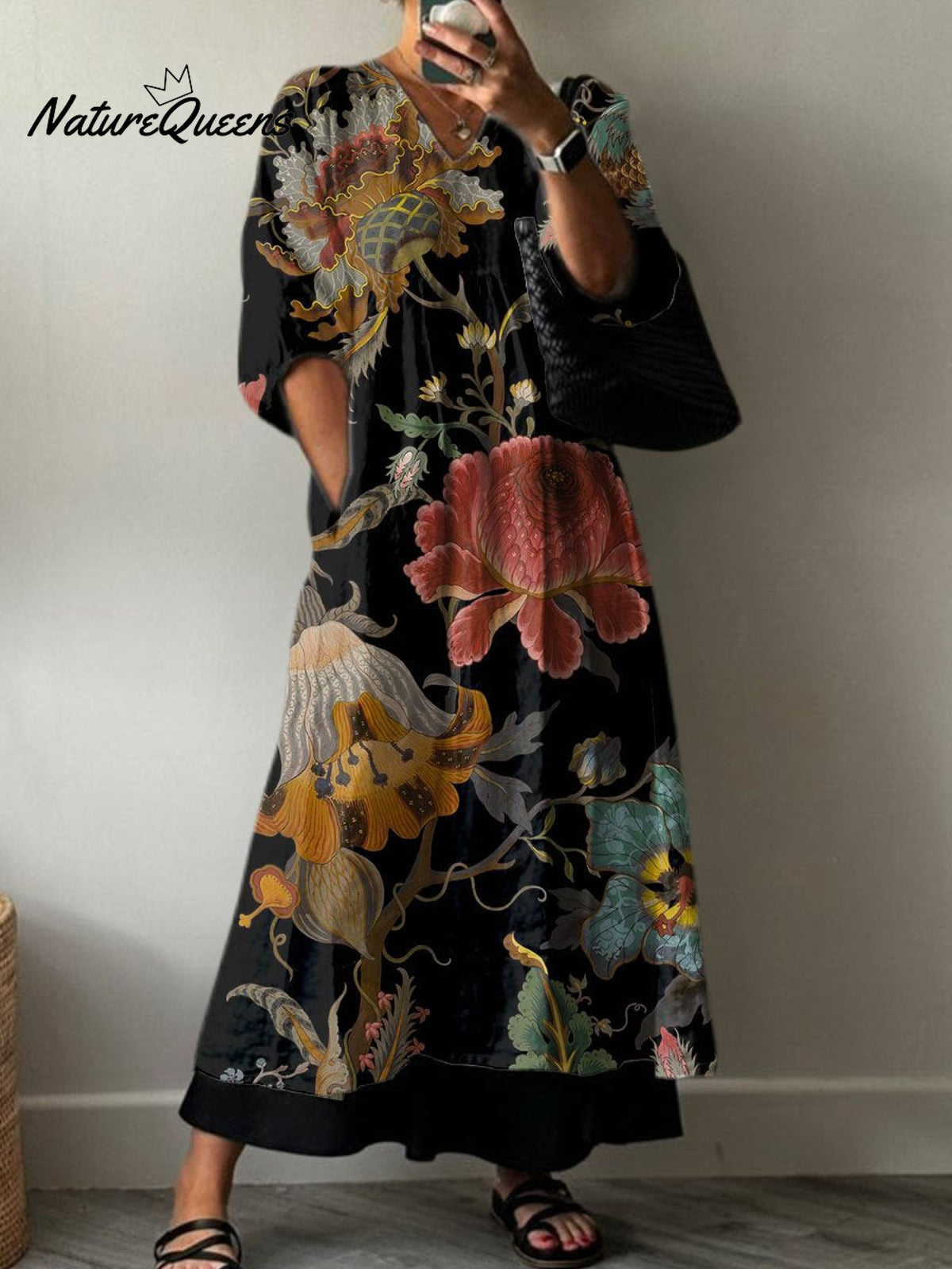 Women's Retro Floral Print Pocket V-neck Cotton Dress