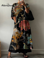 Women's Retro Floral Print Pocket V-neck Cotton Dress