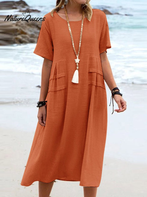 Women's Solid Color Loose Elegant Casual Cotton And Linen Dress