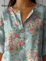 Retro Style Ditsy Rose Pattern Printed Women's Casual Cotton Linen Shirt