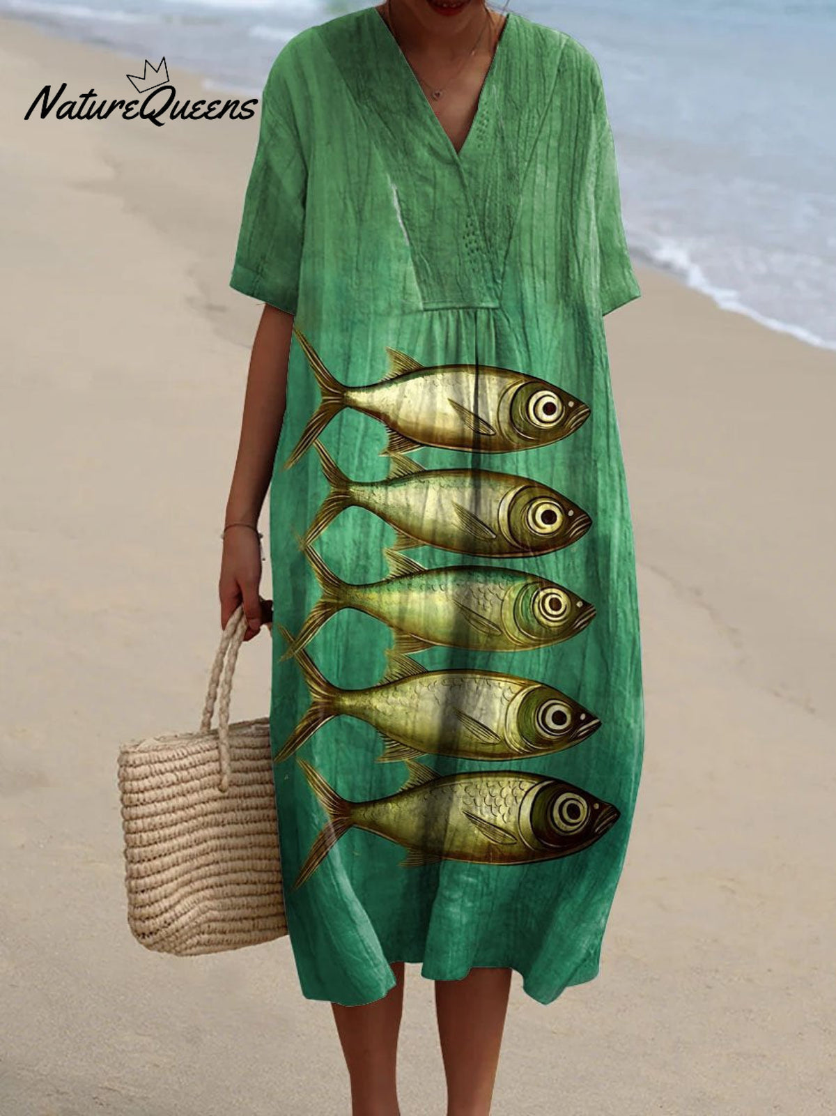 Women's Vintage Lovely Fish Art Print Flowy Dress