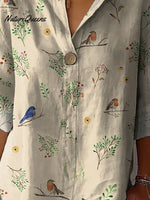 Boughs And Robin Birds Pattern Printed Women's Casual Cotton Linen Shirt
