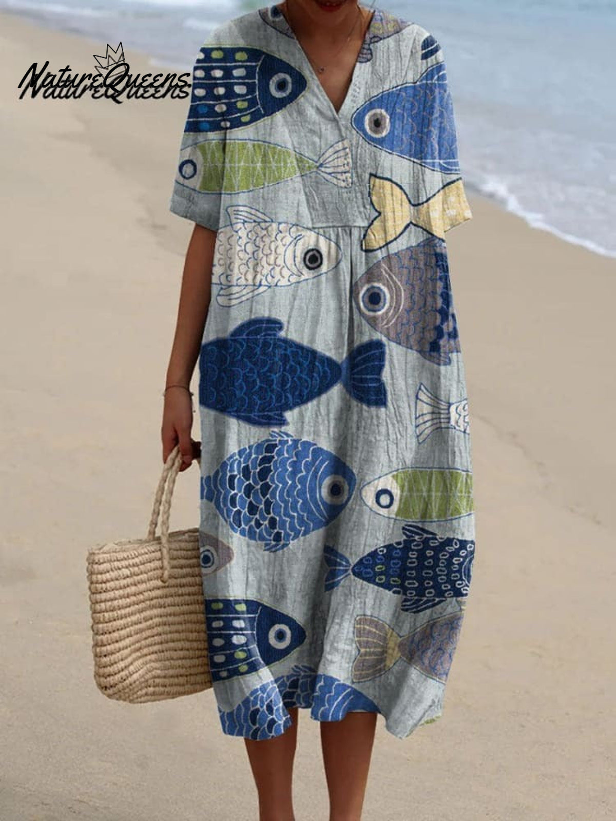 Vintage Lovely Fish Art Print Casual Cotton And Linen Shirt