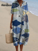 Vintage Lovely Fish Art Print Casual Cotton And Linen Shirt