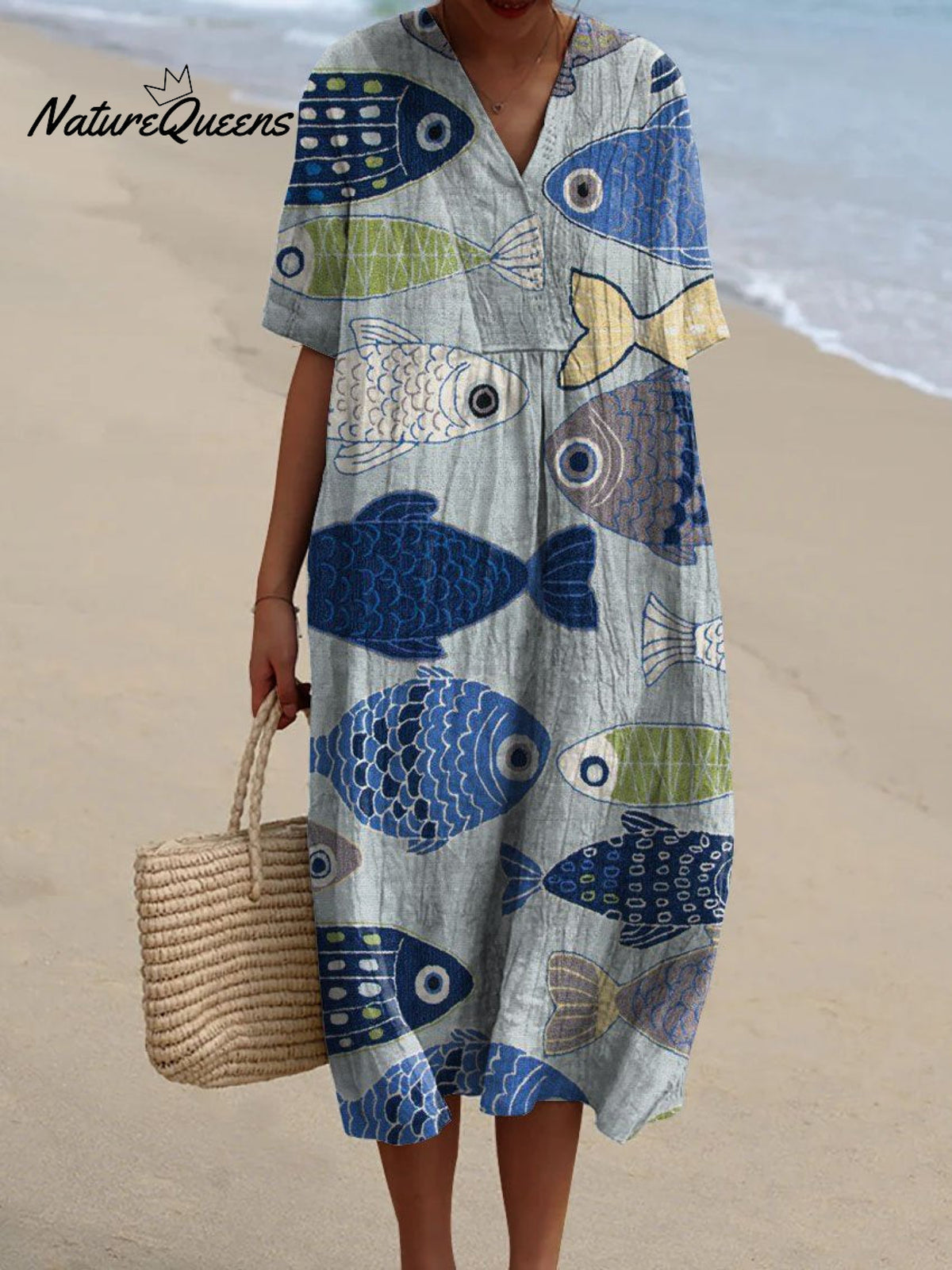 Women's Vintage Lovely Fish Art Print Flowy Dress