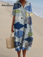 Women's Vintage Lovely Fish Art Print Flowy Dress