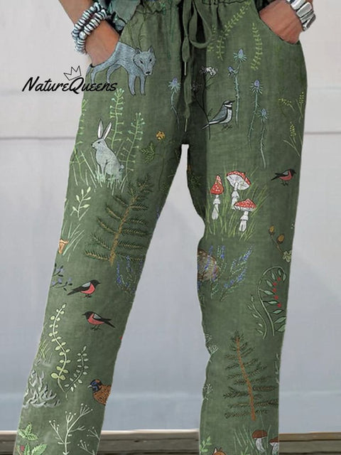 Woodland And Animals Pattern Printed Women’s Cotton Linen Casual Pants